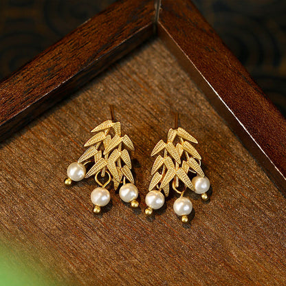 Golden Bamboo Imitation Pearl 925 Silver Pin Vintage Earrings for Women