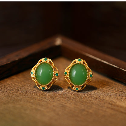 925 Silver Needle Imitation Jasper Earrings, Simple Round Retro for Women