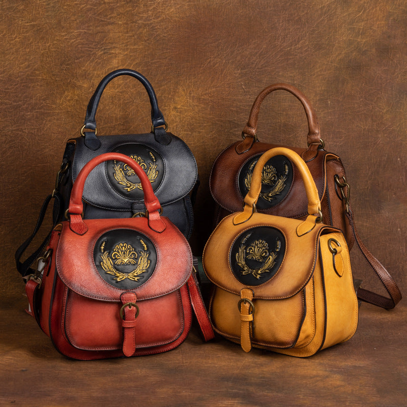 Vintage Cowhide Women's Multi-purpose Vegetable Tanned Leather Hand Backpack with Embossed Design