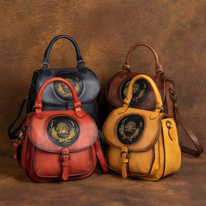 Vintage Cowhide Women's Multi-purpose Vegetable Tanned Leather Hand Backpack with Embossed Design
