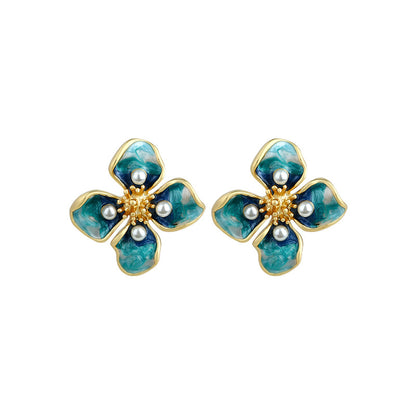 Real Gold Plated French Enamel Flower Ear Studs, Retro Design