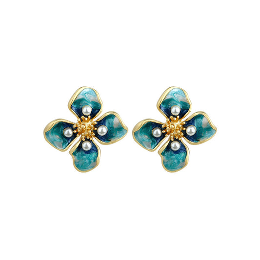 Real Gold Plated French Enamel Flower Ear Studs, Retro Design