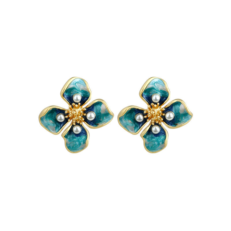 Real Gold Plated French Enamel Flower Ear Studs, Retro Design