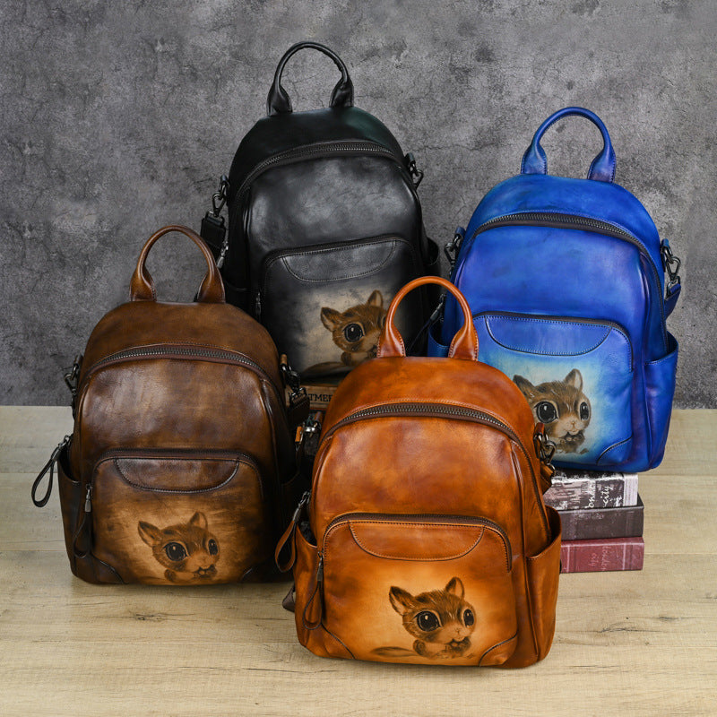 Vintage Large Capacity Vegetable Tanned Leather Women's Backpack, Handmade Head Layer Cowhide