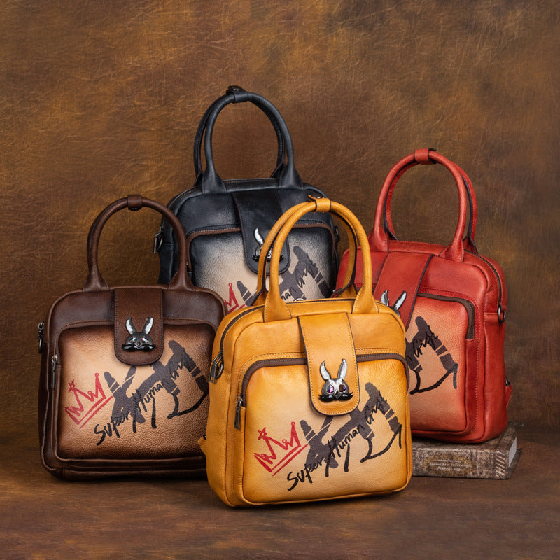 Top layer cowhide multi-purpose vegetable tanned leather women's bag, retro brushed style