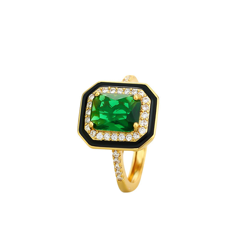 Imitation Paraiba Simple Princess Sugar Green Diamond Black Enamel Ring