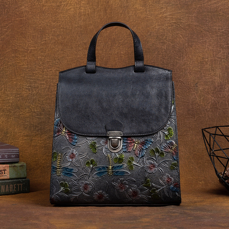 Genuine Vegetable Tanned Leather Embossed Women's Backpack