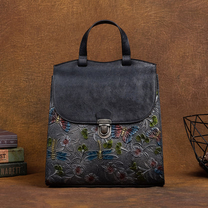 Genuine Vegetable Tanned Leather Embossed Women's Backpack