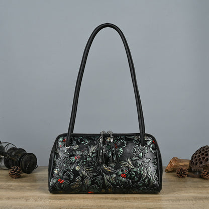 Retro Genuine Leather Underarm Baotou Cowhide Handmade Color-polished Handbag with Embossed Floral Design