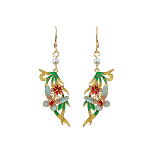 Original Design Color Oil Dropping Butterfly Pearl Silver Pin Earrings for Women