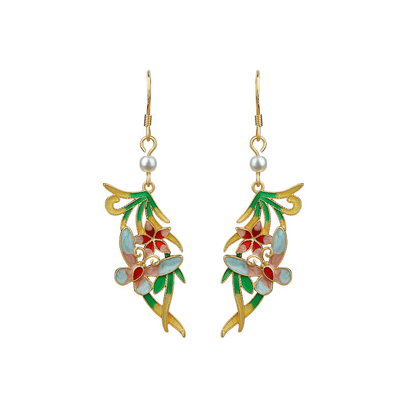 Original Design Color Oil Dropping Butterfly Pearl Silver Pin Earrings for Women