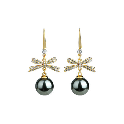 Korean Exquisite Temperament Zircon Bow Pearl Niche Design Fashion Earrings