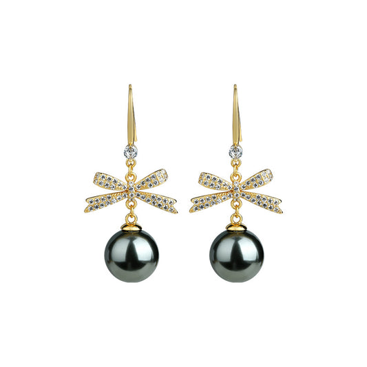 Korean Exquisite Temperament Zircon Bow Pearl Niche Design Fashion Earrings