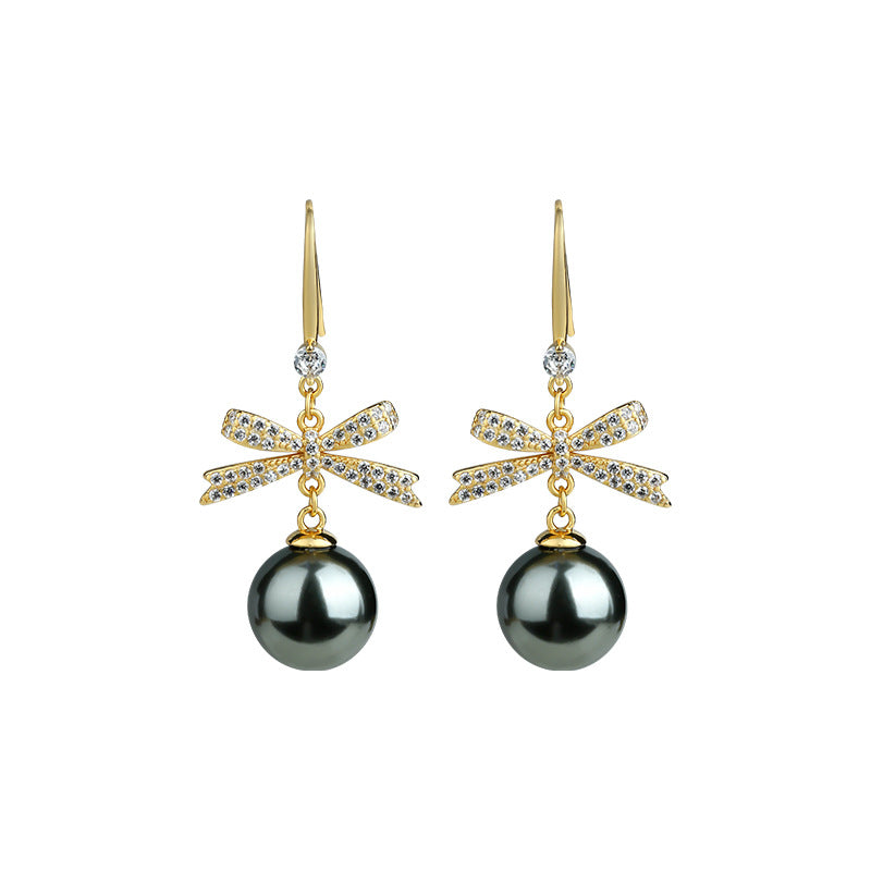 Korean Exquisite Temperament Zircon Bow Pearl Niche Design Fashion Earrings