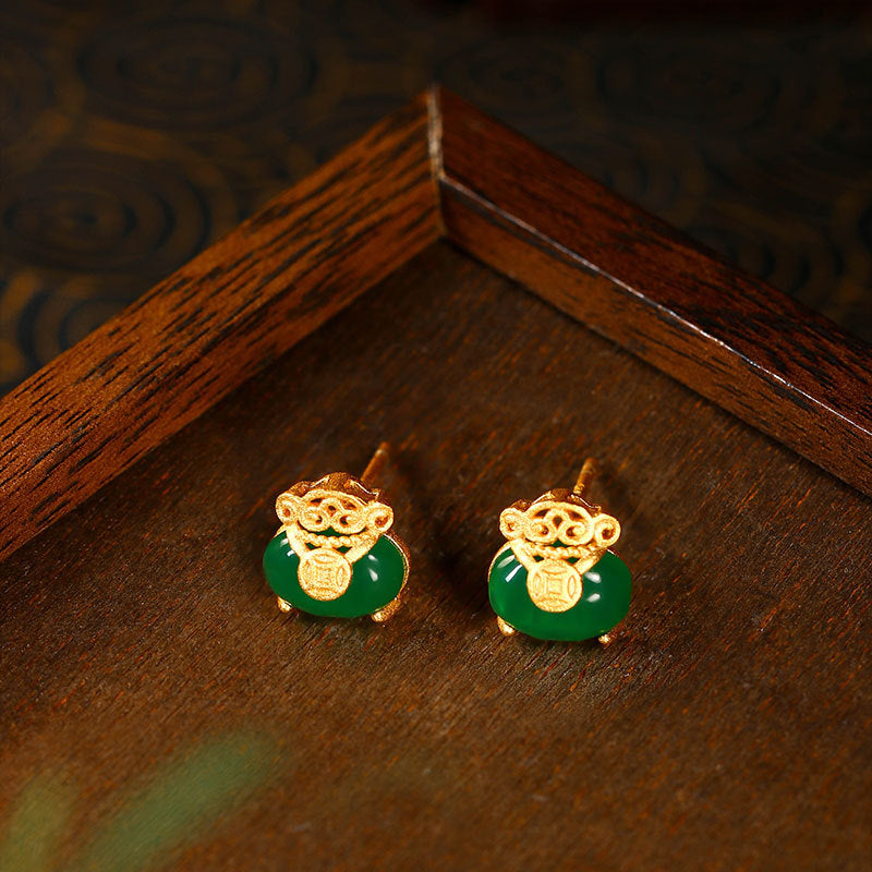 Gold Plated Qian Fu Bag 925 Silver Needle Chalcedony Copper Earrings for Women