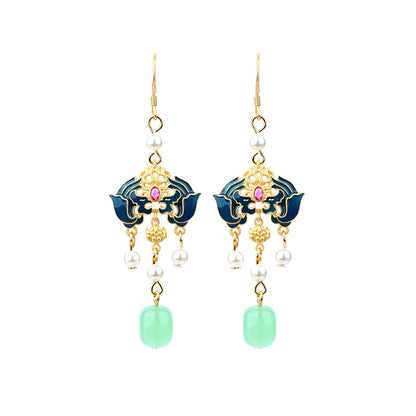 Antique Cloisonne Burned Blue Fushou Ruyi Imitation Hetian Jade Earrings