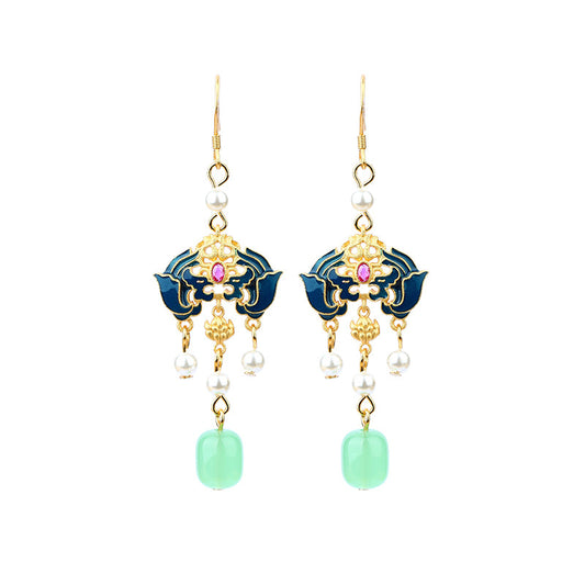 Antique Cloisonne Burned Blue Fushou Ruyi Imitation Hetian Jade Earrings
