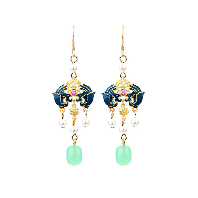 Antique Cloisonne Burned Blue Fushou Ruyi Imitation Hetian Jade Earrings
