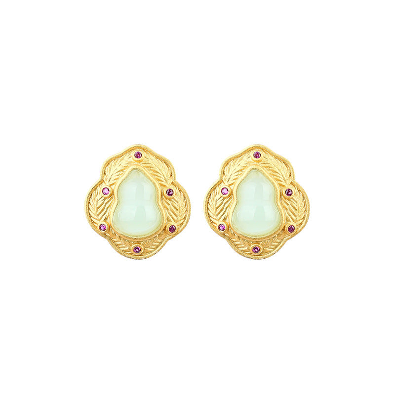 S925 Sterling Silver Gold Plated Imitation Hetian Jade Fulu Gourd Earrings for Women