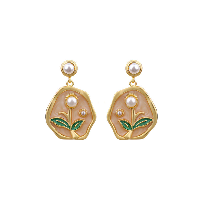 Fresh and Sweet Enamel Oil Painting Tulip Pearl Earrings