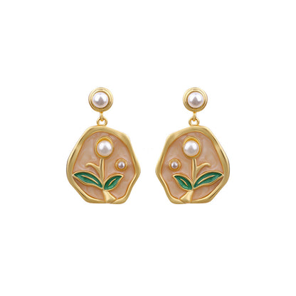 Fresh and Sweet Enamel Oil Painting Tulip Pearl Earrings
