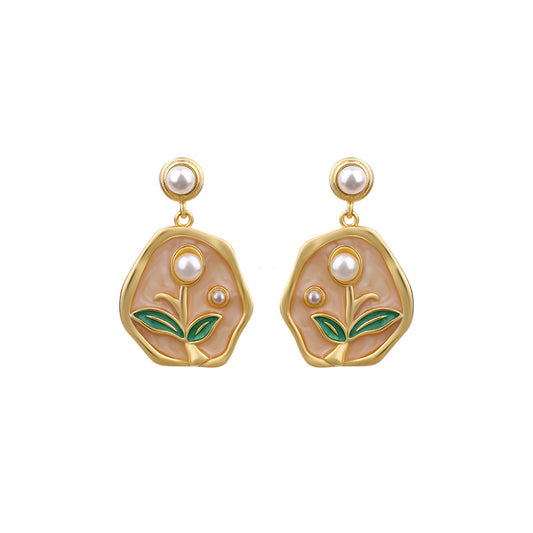 Fresh and Sweet Enamel Oil Painting Tulip Pearl Earrings