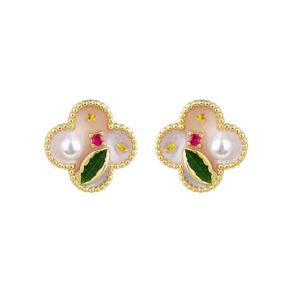 Real gold plating enamel drop glaze four-leaf clover earrings for women