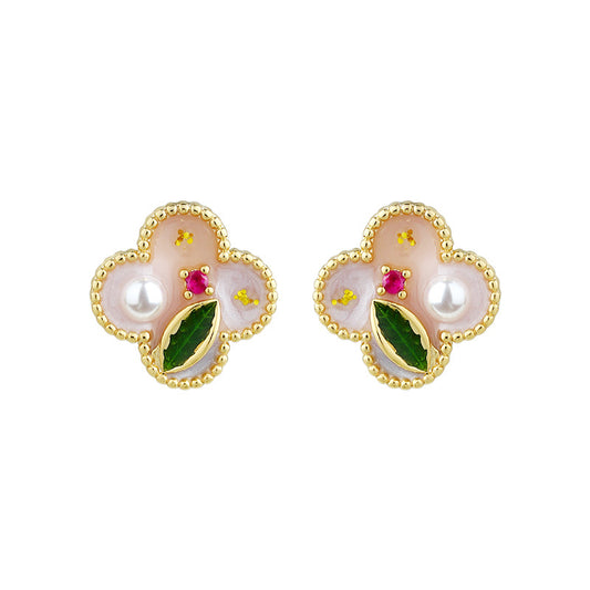 Real gold plating enamel drop glaze four-leaf clover earrings for women