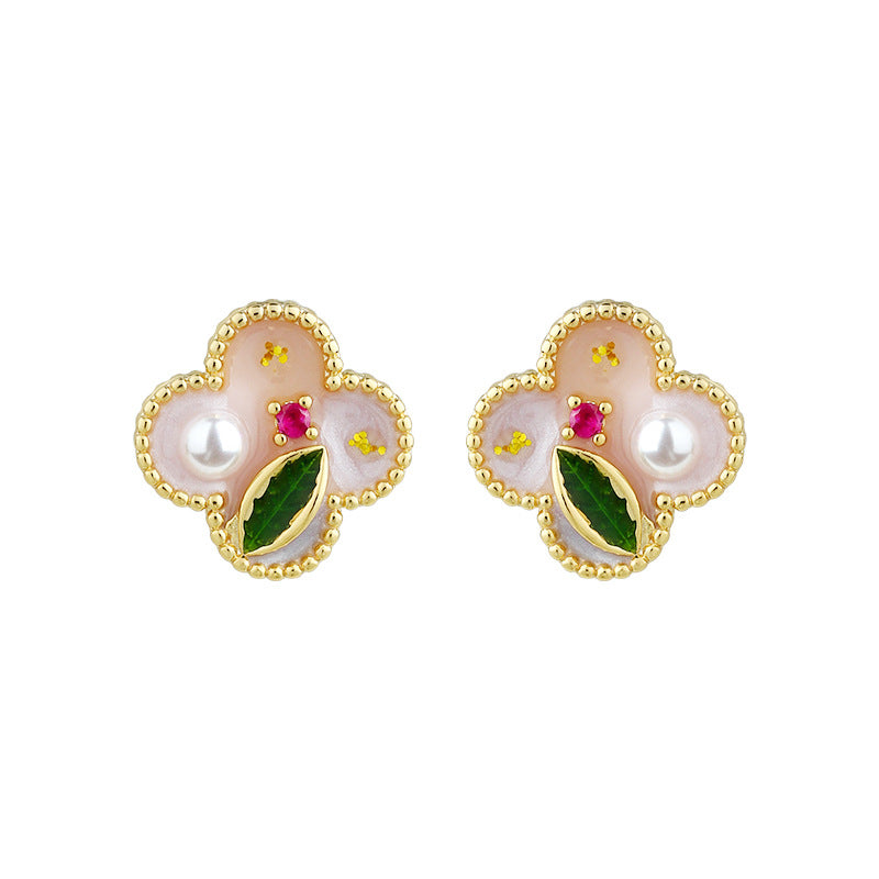 Real gold plating enamel drop glaze four-leaf clover earrings for women