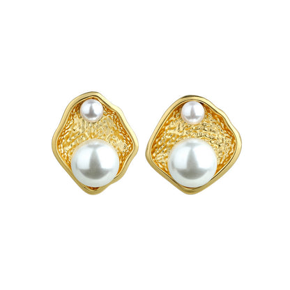 Gold Plated Irregular Diamond Pearl 925 Silver Needle Earrings