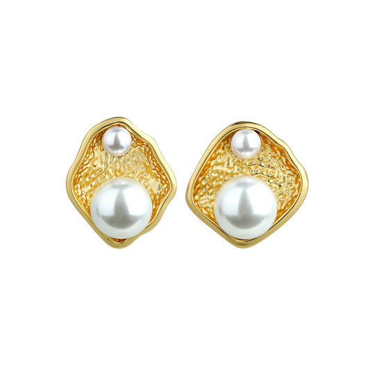 Gold Plated Irregular Diamond Pearl 925 Silver Needle Earrings