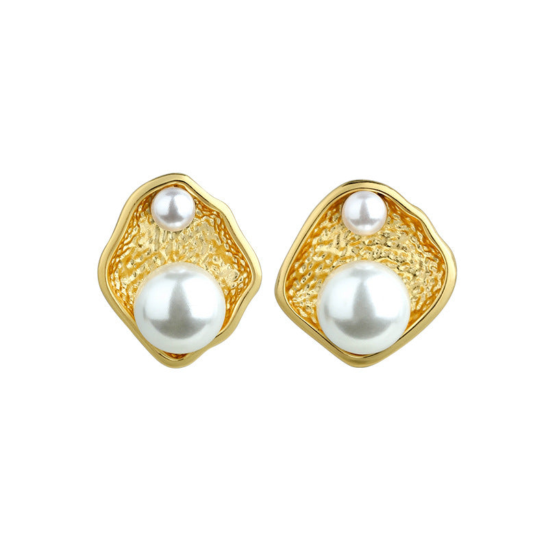 Gold Plated Irregular Diamond Pearl 925 Silver Needle Earrings