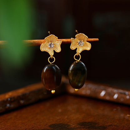 Vintage Tiger Eye Ginkgo Leaf Earrings, All-match and High-end