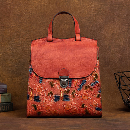 Genuine Vegetable Tanned Leather Embossed Women's Backpack