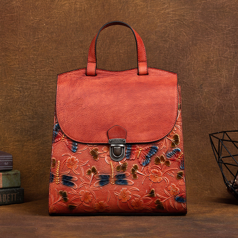 Genuine Vegetable Tanned Leather Embossed Women's Backpack