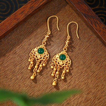 Gold Plated Jade Tassel Long Earrings with Classical Design