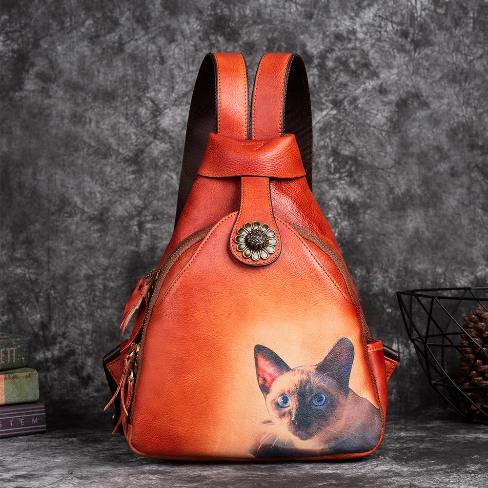 Vintage First Layer Cowhide Multi-Purpose Leather Backpack with Color Printing and Hand-Wiped Vegetable Tanning