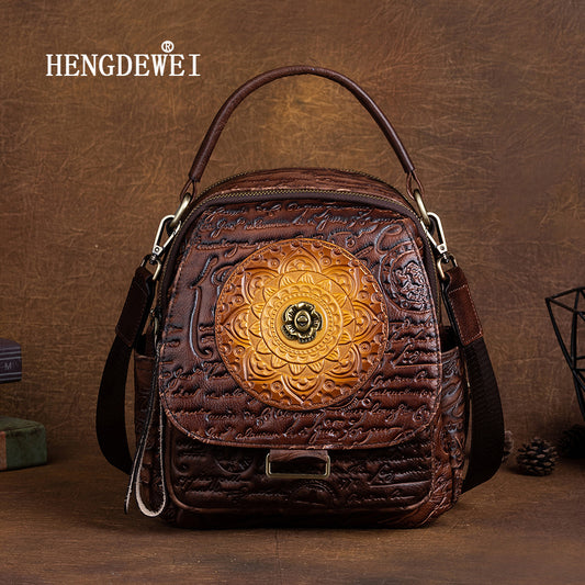 First layer cowhide multi-purpose shoulder bag, vegetable tanned leather, embossed design