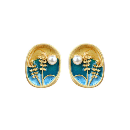 Creative Wheat, Pearl Enamel Oil Dropping Earrings for Women