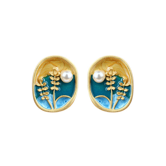 Creative Wheat, Pearl Enamel Oil Dropping Earrings for Women