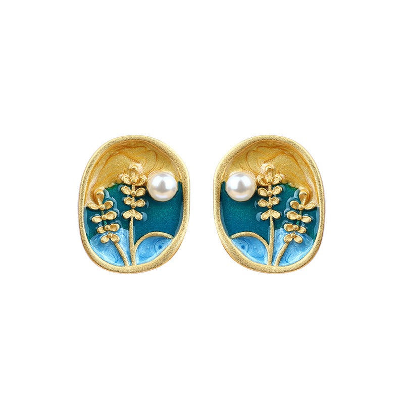 Creative Wheat, Pearl Enamel Oil Dropping Earrings for Women