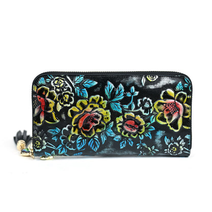 Genuine Leather Women's Wallet, Large Capacity, Multi Card, Embossed Handmade, Colorful Zipper Bag