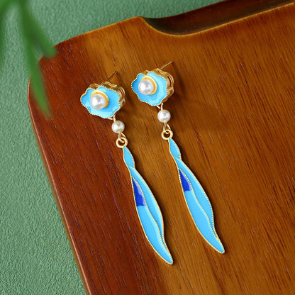 Filigold Gradient Enamel Imitation Pearl Antique Xiangyun Willow Leaf Tassel Earrings for Women