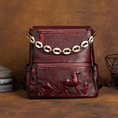 Top layer cowhide embossed handmade leather backpack