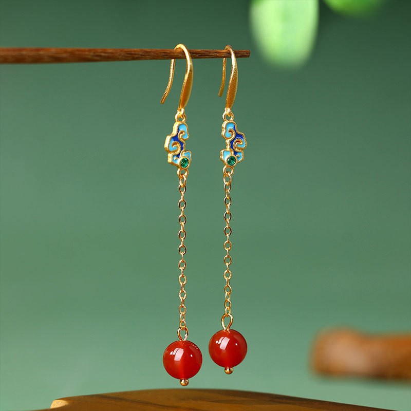 Antique Enamel Xiangyun Painted Gold Plated Natural Chalcedony Long Earrings