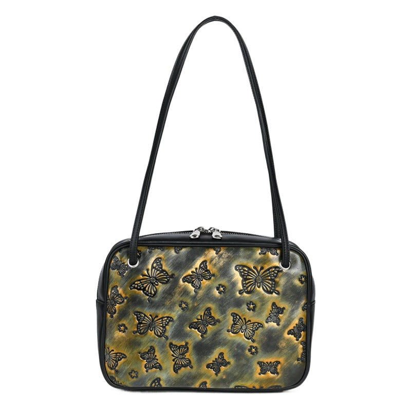 Embossed Leather Underarm Closed-Toe Cowhide Hand-Brushed Handbag, Retro Simple Design, One-Piece Delivery