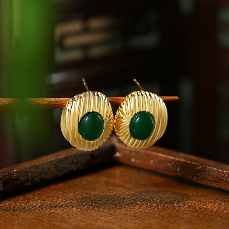 18k Gold Plated Silver Needle Round Imitation Green Agate Oval Pendant Earrings Studs, Original Design, High Sense