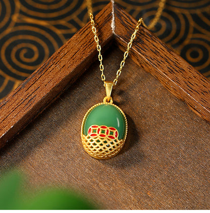 Enamel Color Wealth Necklace with Imitation Hetian Jade for Women