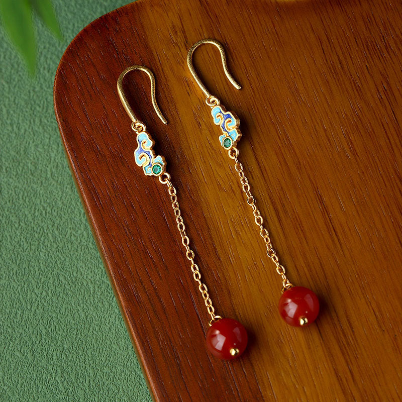 Antique Enamel Xiangyun Painted Gold Plated Natural Chalcedony Long Earrings