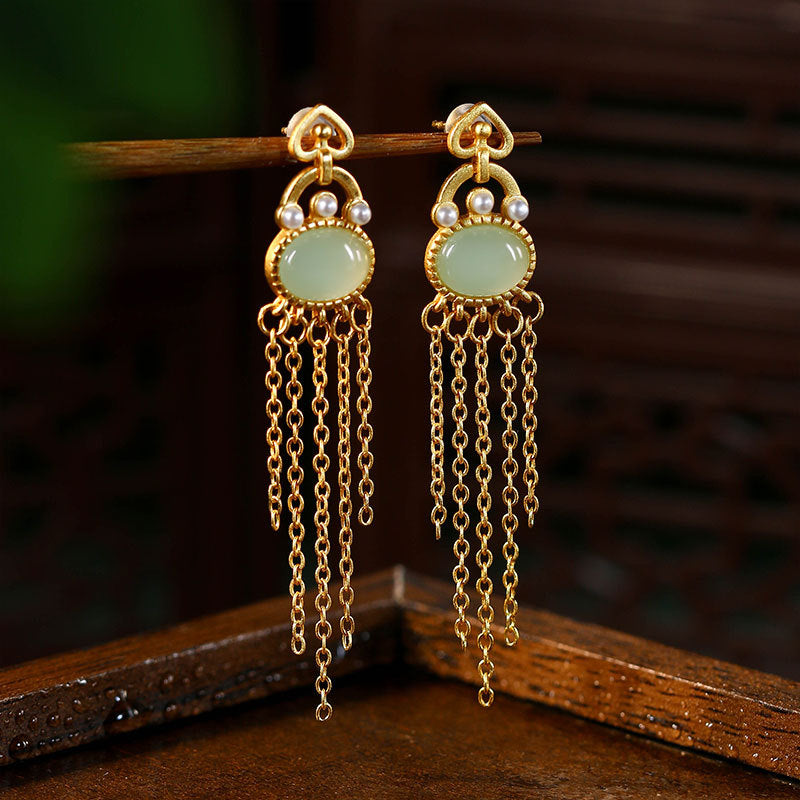 El edge gold-plated imitation Hetian jade long tassel earrings for women